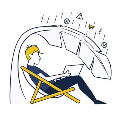Man sitting in deck chair with lap top being protected by a leaf from malicious internet resources